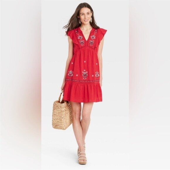 Knox Rose Bonfire Deep V Empire Waist Embroidered Midi Dress Red Size Large - Picture 2 of 14